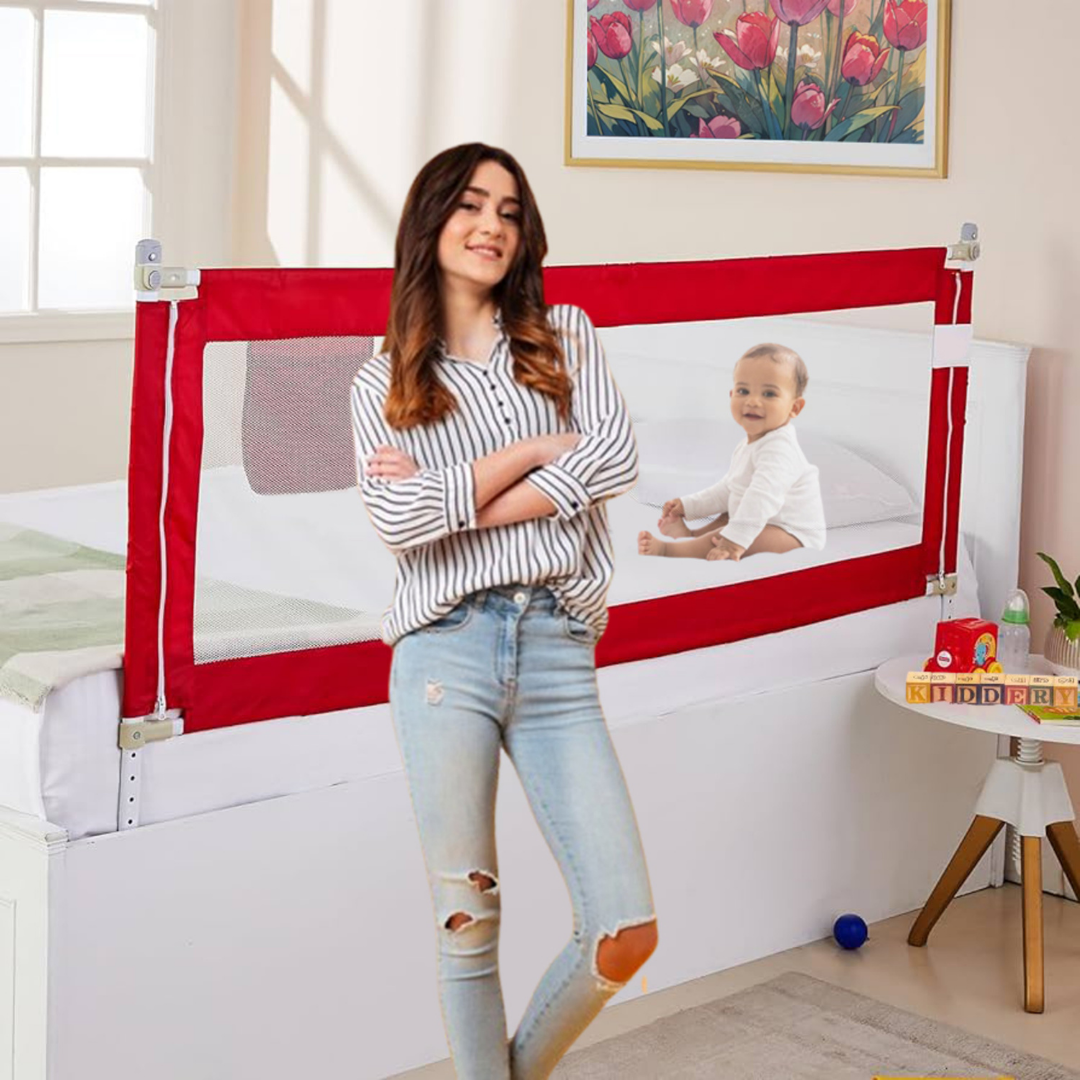 Kiddery Bed Rails for Baby Safety with Adjustable Height - Red