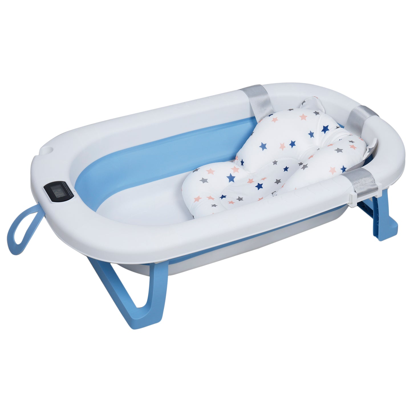 Kiddery Baby Bath Tub for 0-3 Years | Collapsible | Soft Cushion | Real Time Water Temprature Display | Drain Hole | Blue