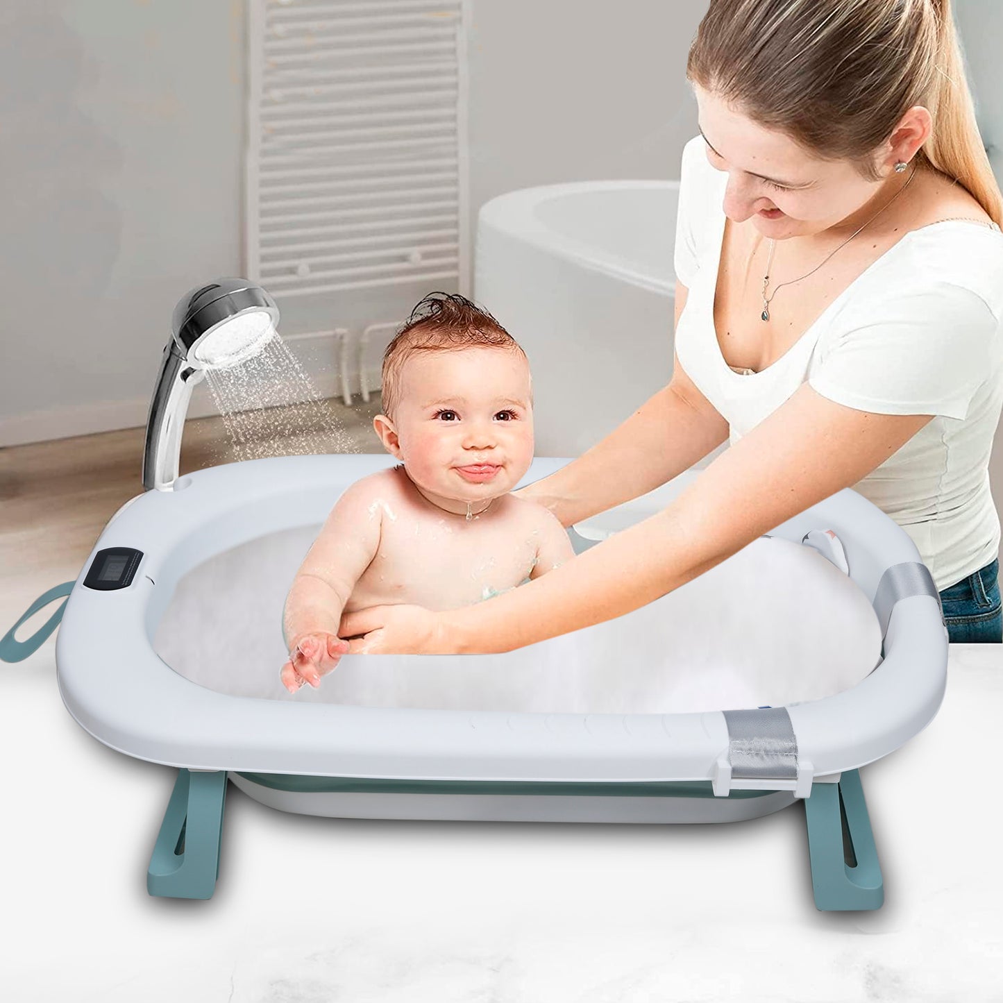 Kiddery Baby Bath Tub for 0-3 Years | Collapsible | Soft Cushion | Real Time Water Temprature Display | Drain Hole | Green