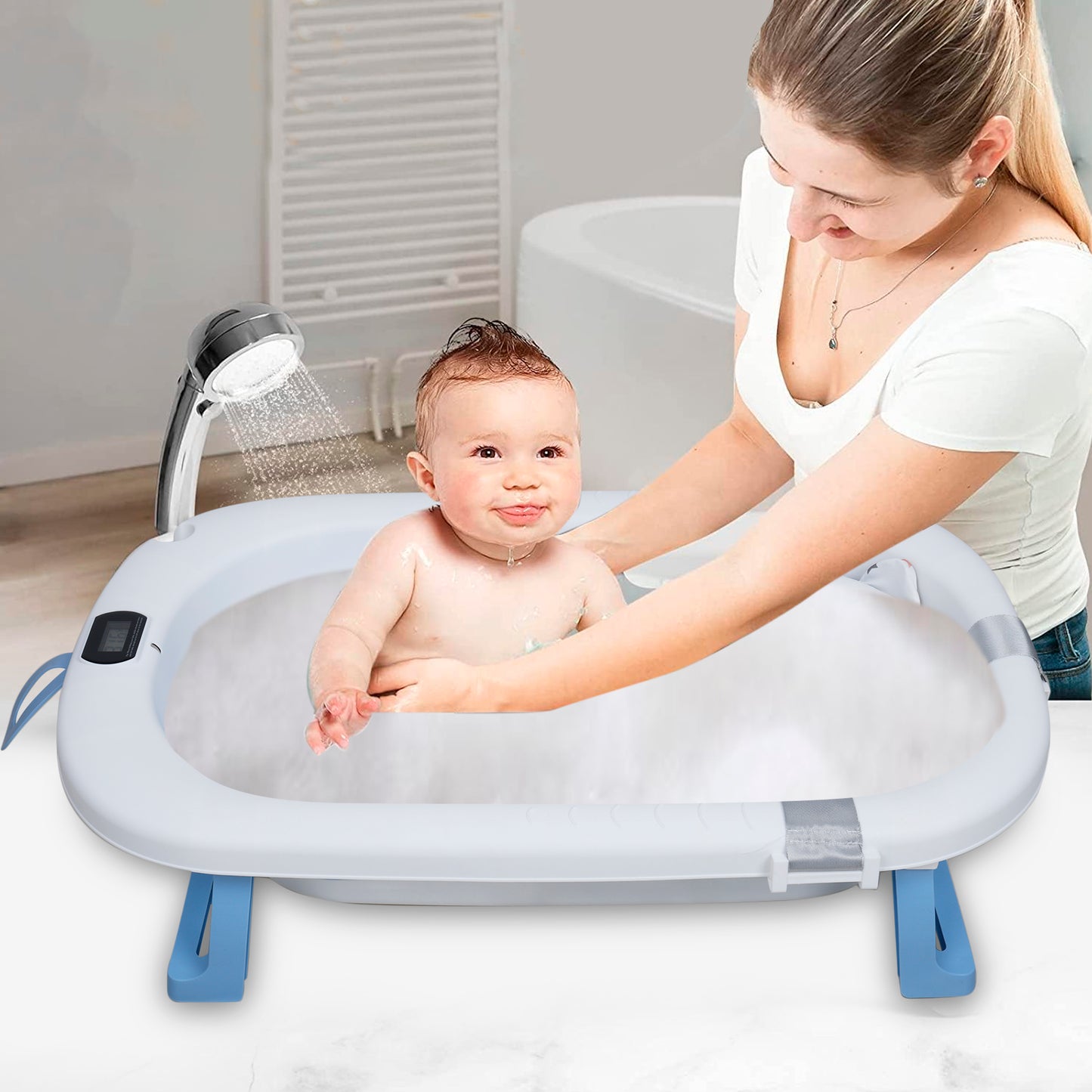 Kiddery Baby Bath Tub for 0-3 Years | Collapsible | Soft Cushion | Real Time Water Temprature Display | Drain Hole | Blue