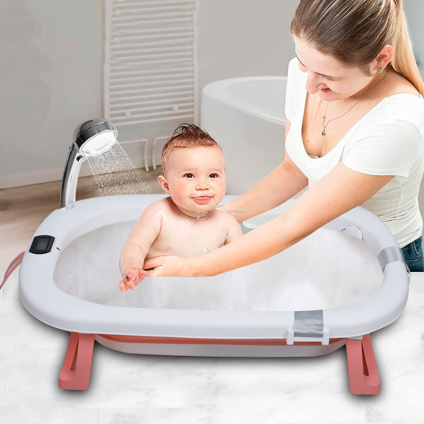 Kiddery Baby Bath Tub for 0-3 Years | Collapsible | Soft Cushion | Real Time Water Temprature Display | Drain Hole | Pink