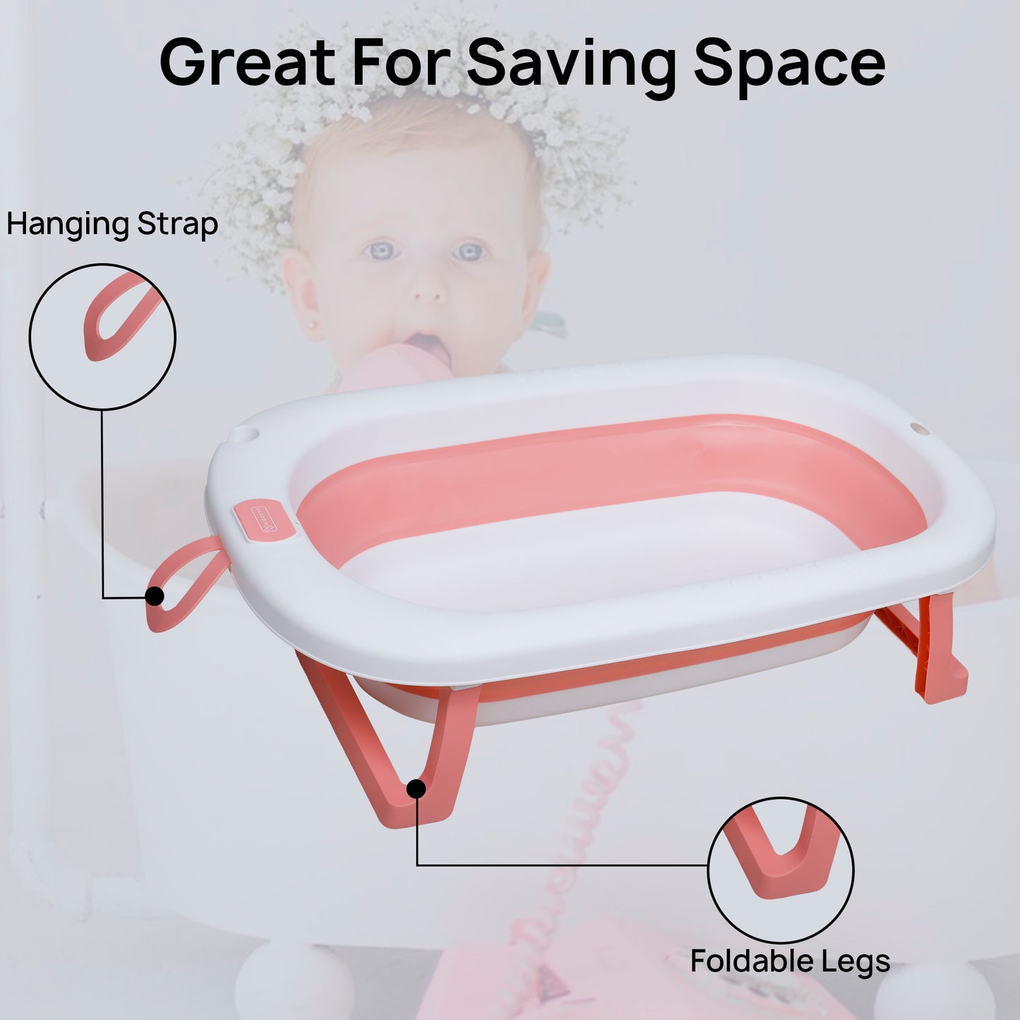 Kiddery Baby Bath Tub for 0-3 Years | Collapsible Bath Tub for Infant | Drain Hole | Pink