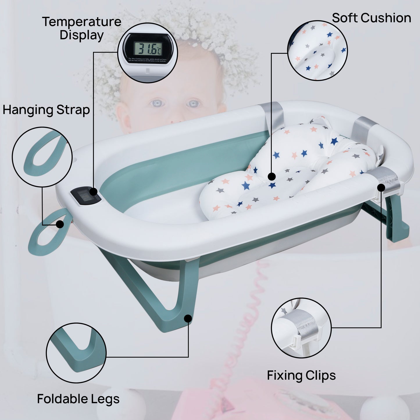 Kiddery Baby Bath Tub for 0-3 Years | Collapsible | Soft Cushion | Real Time Water Temprature Display | Drain Hole | Green