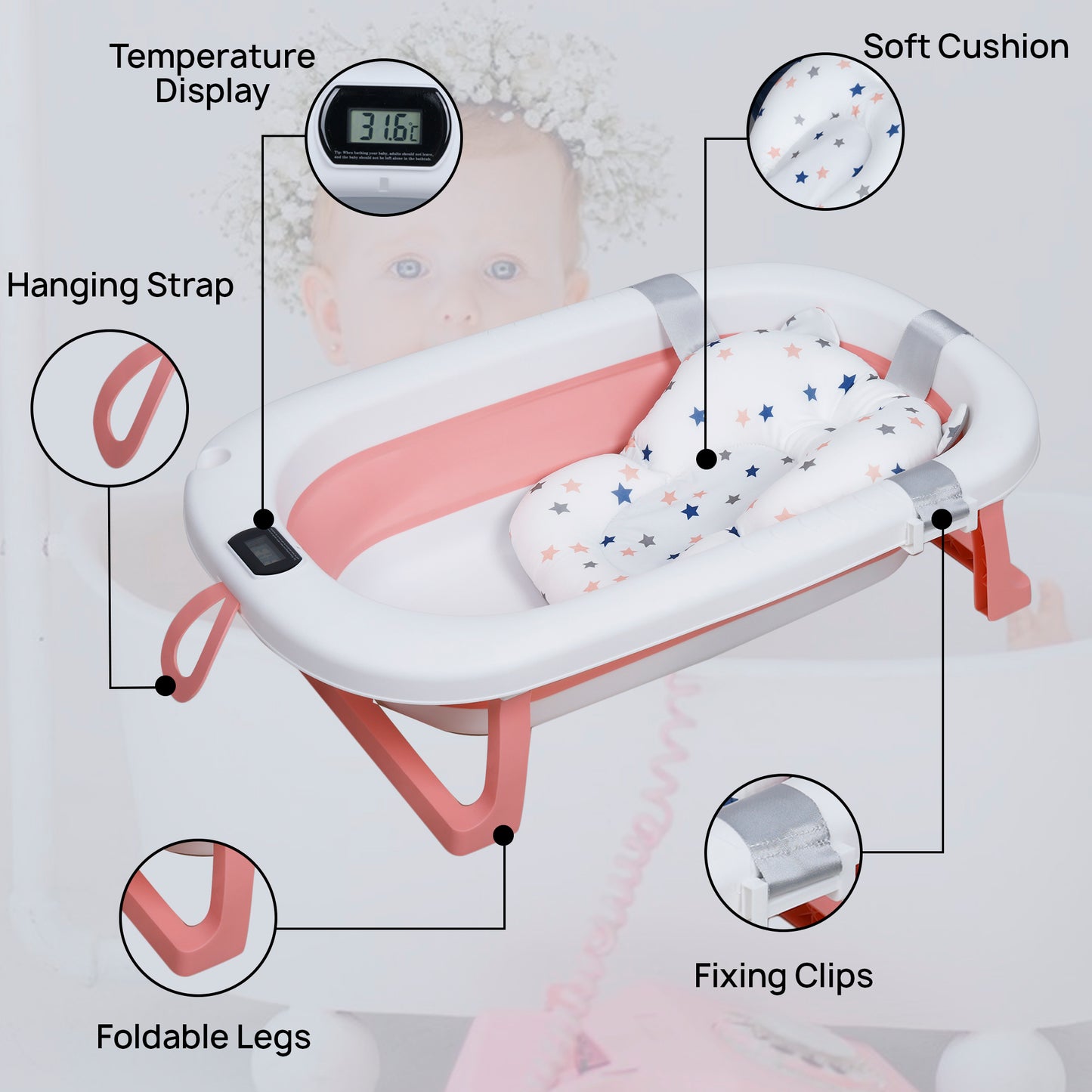 Kiddery Baby Bath Tub for 0-3 Years | Collapsible | Soft Cushion | Real Time Water Temprature Display | Drain Hole | Pink