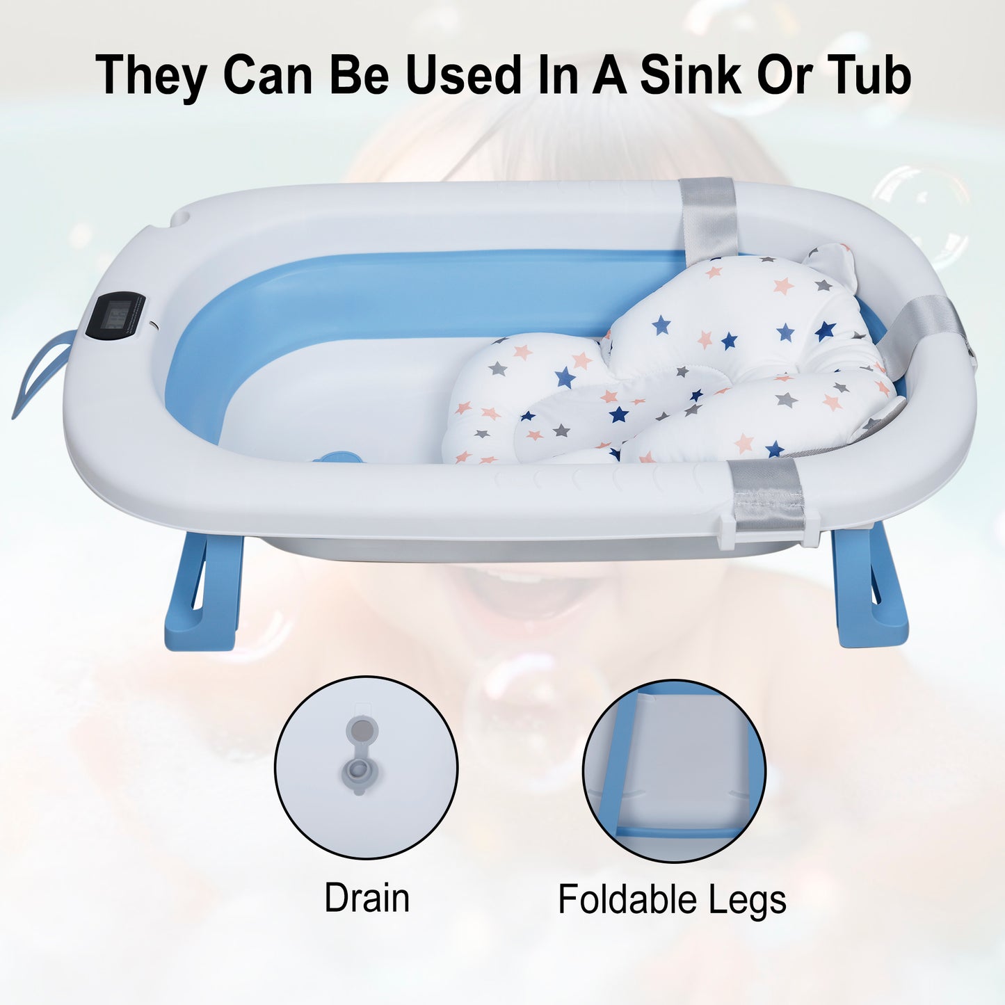 Kiddery Baby Bath Tub for 0-3 Years | Collapsible | Soft Cushion | Real Time Water Temprature Display | Drain Hole | Blue