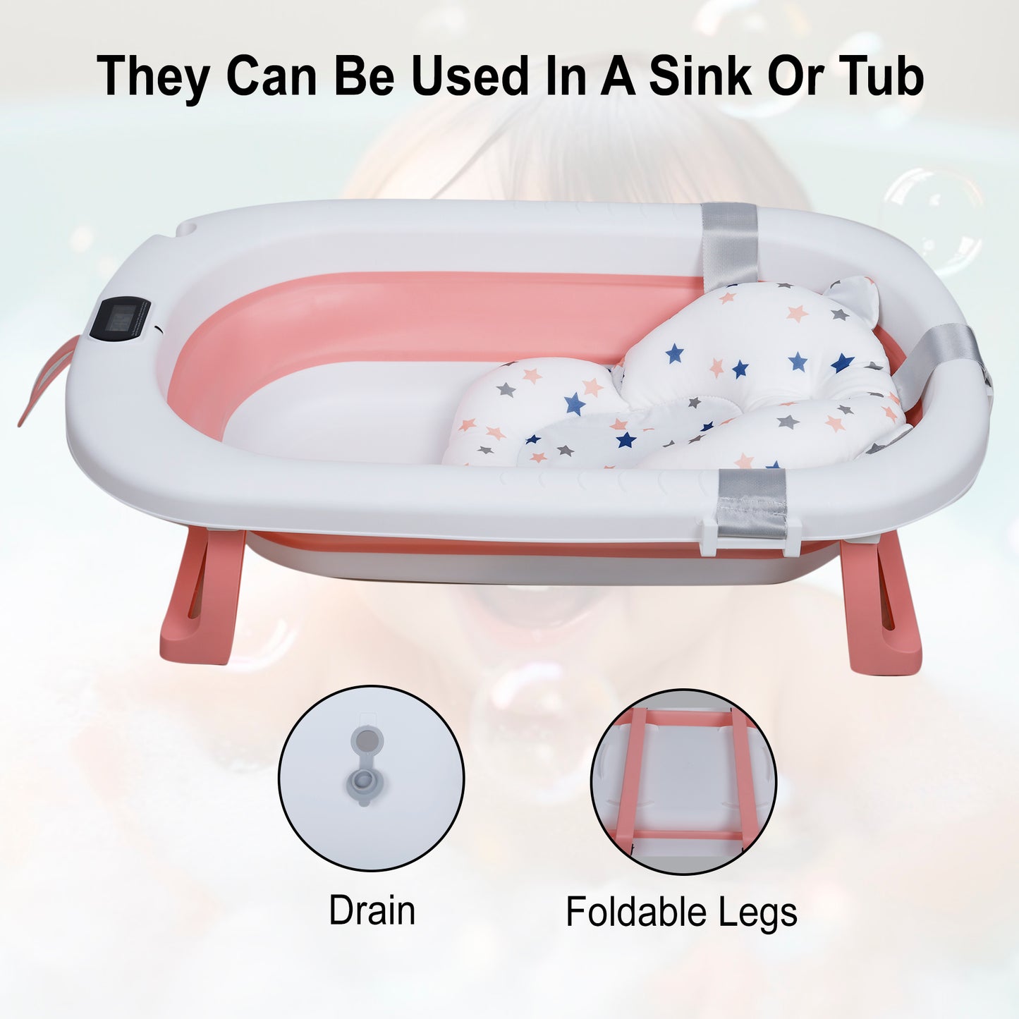 Kiddery Baby Bath Tub for 0-3 Years | Collapsible | Soft Cushion | Real Time Water Temprature Display | Drain Hole | Pink
