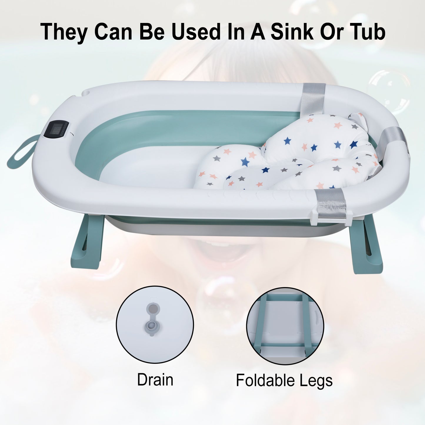 Kiddery Baby Bath Tub for 0-3 Years | Collapsible | Soft Cushion | Real Time Water Temprature Display | Drain Hole | Green