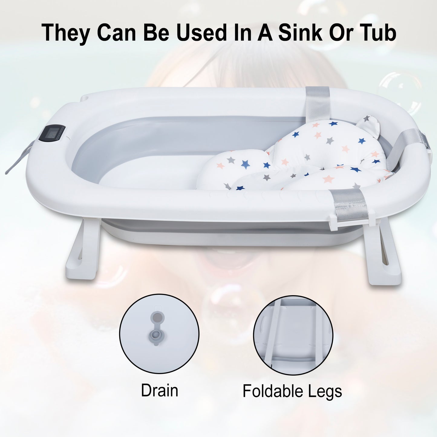 Kiddery Baby Bath Tub for 0-3 Years | Collapsible | Soft Cushion | Real Time Water Temprature Display | Drain Hole | Grey
