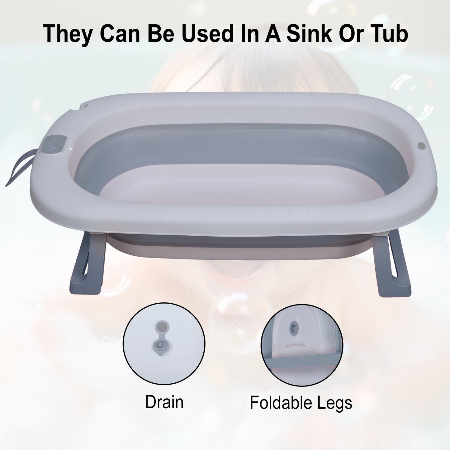 Kiddery Baby Bath Tub for 0-3 Years | Collapsible Bath Tub for Infant | Drain Hole | Grey