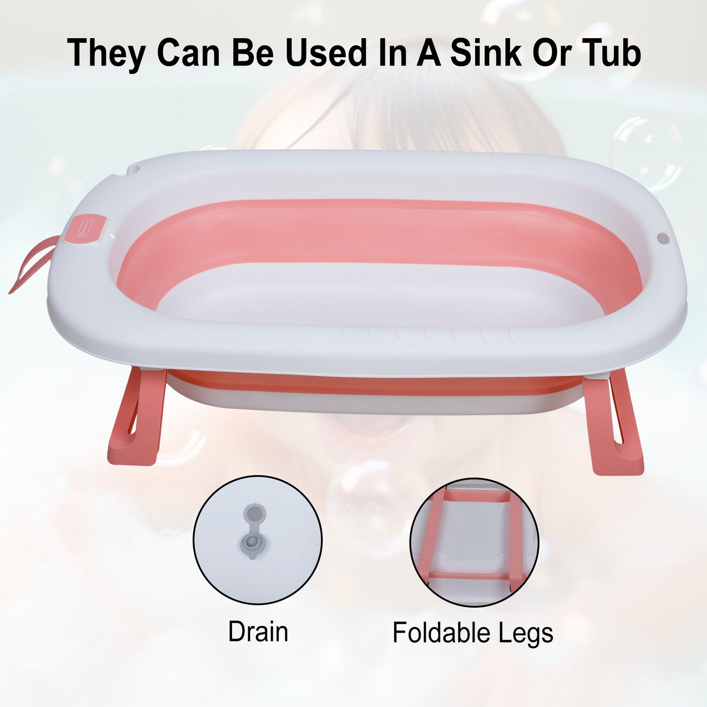 Kiddery Baby Bath Tub for 0-3 Years | Collapsible Bath Tub for Infant | Drain Hole | Pink