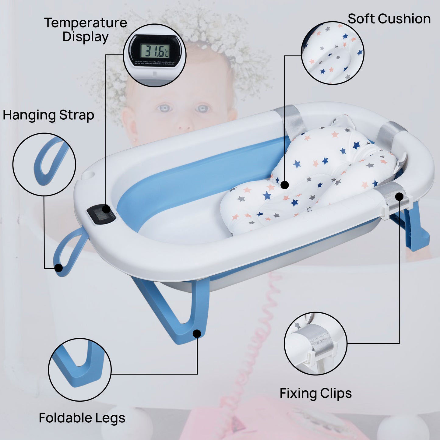 Kiddery Baby Bath Tub for 0-3 Years | Collapsible | Soft Cushion | Real Time Water Temprature Display | Drain Hole | Blue
